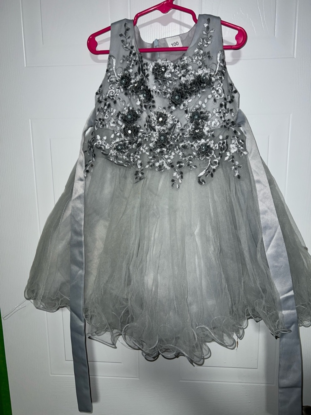 Silver Floral Embellished Tulle Party Dress